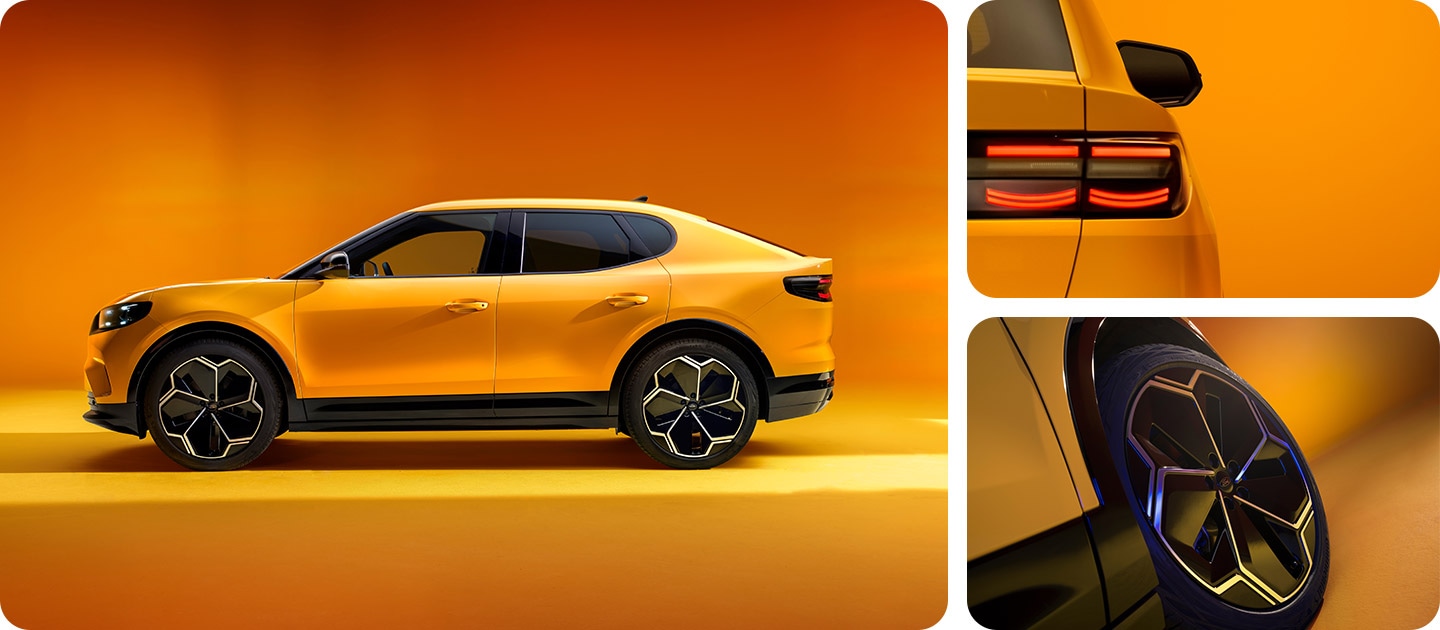 Montage photo montrant le Ford Capri® électrique jaune, avec des gros plans du design arrière et des jantes en alliage élégantes.